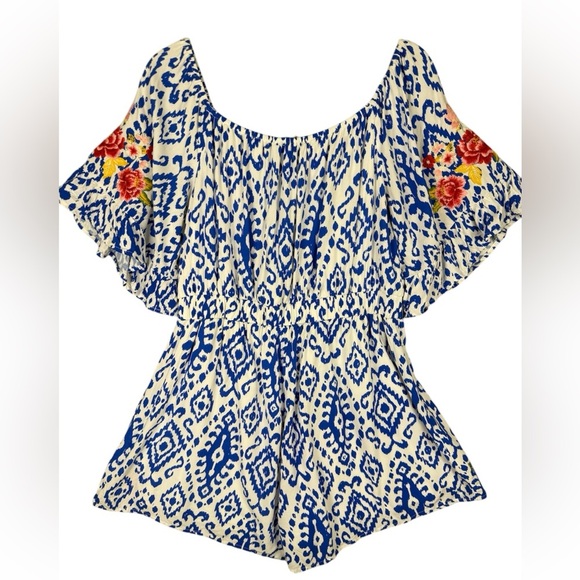Savana Jane boho blue ikat romper size large floral embroidery preowned